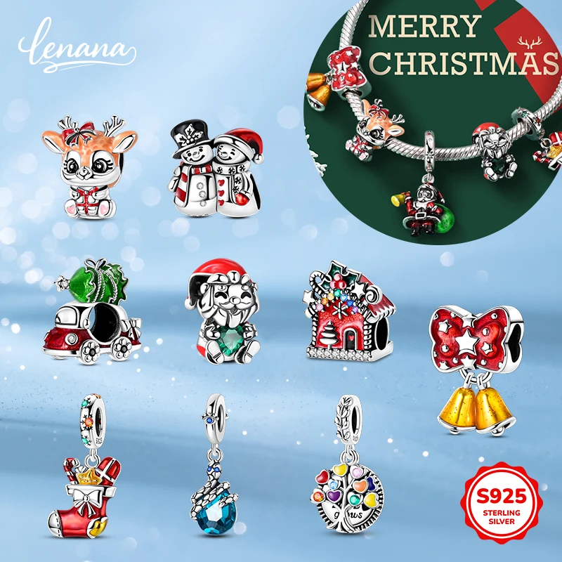 925 실버 눈사람, 산타클로스, 순록 펜던트 비드 쥬얼리 세트, 오리지널 품질 여성용 팔찌, DIY 크리스마스 선물
