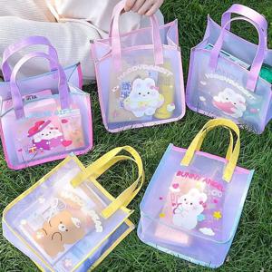 귀여운 투명 캐주얼 곰 모티프 젤리 비치 핸드백 여성용 나일론 소재 학생용 가방 한국 만화 스타일
