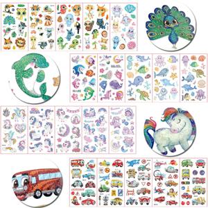 10 시트/세트 다채로운 반짝이 가루 문신 스티커 만화 동물 유니콘 공주 차량 어린이를위한 임시 가짜 문신