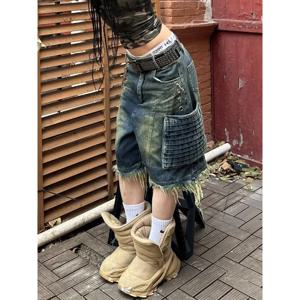 여성용 빅 포켓 작업복 크롭 팬츠, 하이 스트리트 스트레이트 튜브, 루즈 와이드 레그, 짧은 청바지, 트렌디 아메리칸 레트로 오버사이즈