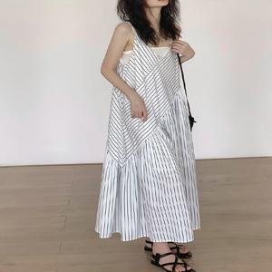 캐주얼 와이드 레그 점프수트 레이지 스타일 스트라이프 여성 여름 루즈 슬리밍 원피스 수트 코튼 블렌드 롱 팬츠