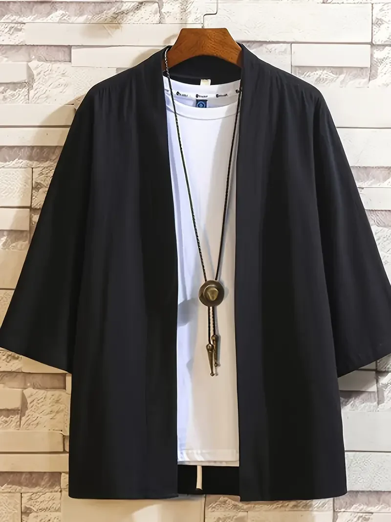 남성용 경량 기모노 셔츠 7소매 오픈 프론트 가디건 일본식 유카타 목욕 가운 사무라이 의류