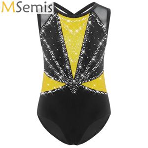 키즈 소녀 민소매 피겨 스케이팅 바디 슈트 발레 댄스 저지 체조 레오타드 탑 반짝 이는 라인 석 탱크 유니 타드 의상