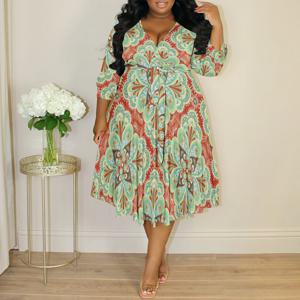 플러스 사이즈 V 넥 3/4 슬리브 에스닉 꽃 프린트 랩 미디 드레스 Boho 스타일 파티 홀리데이 드레스