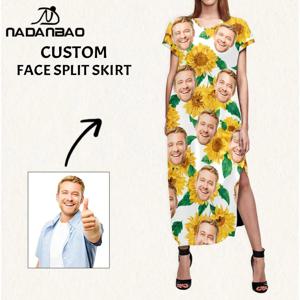 맞춤형 얼굴 해바라기 패턴 스플릿 드레스 DIY 또는 맞춤형 사진 여성 미디 드레스 여름 짧은 소매 슬릿 스커트
