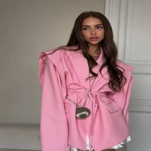 스트리트 레이스업 여성 블레이저 옐로우 롱 슬리브 라펠 싱글 버튼 수트 재킷 2025 봄 여름 여성 루즈 캐주얼 아우터