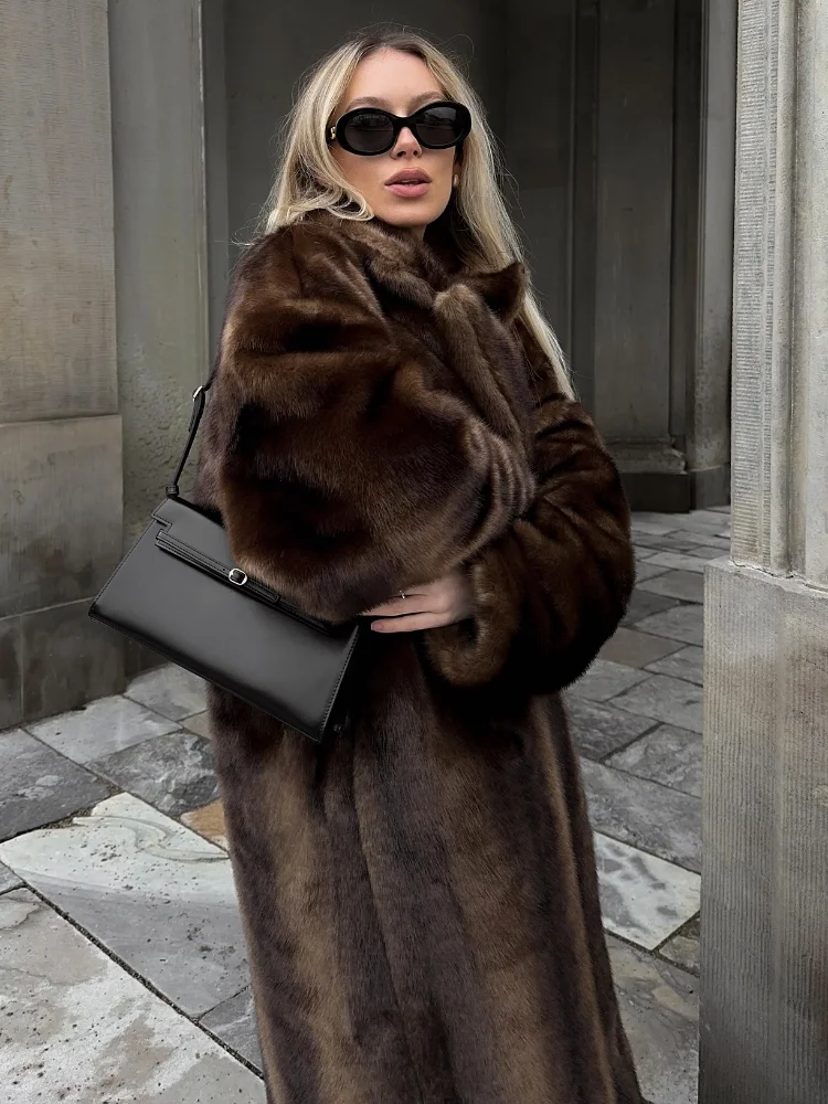 여성용 다크 다크 브라운 인조 모피 롱 오버코트, 싱글 브레스트 플리스 재킷, 트렌치 코트, 푹신한 플러시 따뜻한 코트, 2023 겨울 신상