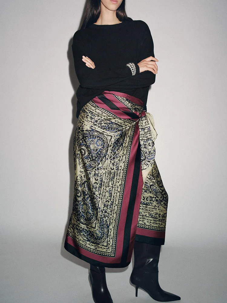우아한 페이즐리 랩 스커트 하프 길이 신상품 가을 2025 여성 패션 다용도 민족 스타일 무대 의상