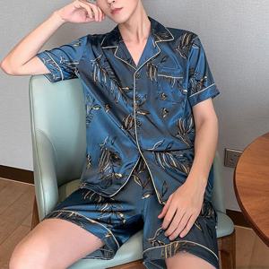 남성 잠옷 세트 2025 여름 잠옷 얼음 실크 새틴 짧은 소매 잠옷 정장 느슨한 Loungewear 남성 캐주얼 Homewear L-5XL