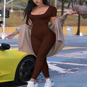 2024 여성용 라운드 넥 반팔 슬림 원피스 바지, 단색 요가 의류, 피트니스 스포츠, 최적의 선택, 여름 신상