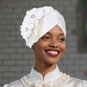 여성용 진주 구슬 장식 터번 캡, 꽃 디자인, 여성 머리 랩, 무슬림 머리 스카프, 보넷 탈모 모자 커버