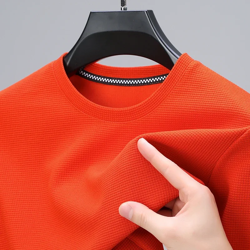 2024 남성용 신작 와플 라운드 넥 반팔 티셔츠 여름 편안한 탑