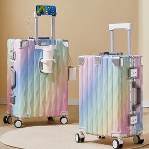 새로운 여행 가방 USB 컵 홀더 여성용 여행 가방 캐빈 20/24인치 비밀번호 트롤리 케이스 여행 가방 캐리어