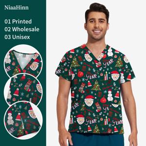 니아힌 의료 간호사 유니폼 크리스마스 프린트 스크럽 상의 여성 남성 동물병원 산타클로스 티셔츠 의료 클리닉 블라우스