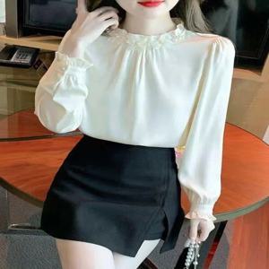 우아한 긴 소매 쉬폰 셔츠 여성용 스탠드 칼라 포켓 스퀘어 이너 셔츠 비즈니스 스타일 스트라이프 패턴 가을 신상품