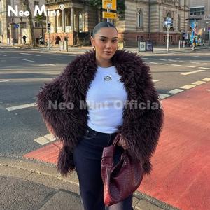 네오 민트 겨울 2025 트렌드 버건디 오브세션 롱 페이크 몽골리안 양털 재킷 코트 여성용 시크 라펠 칼라 플러피 오버코트