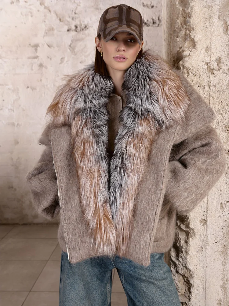 2025 패션 여성 겨울 따뜻한 구스 다운 재킷 울 울렌 재킷 리얼 폭스 퍼 칼라 두꺼운 여성 아우터 코트 패딩 재킷