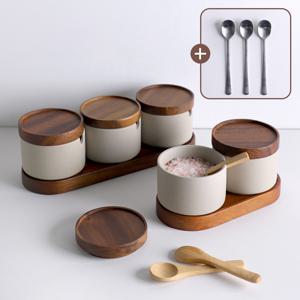 [스텐 티스푼 포함] 샌드 우드 숟가락 양념통 세트