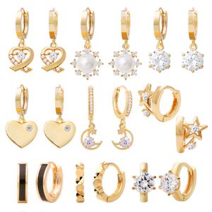 14K 골드핀 진주 큐빅 하트 링 원터치 귀걸이