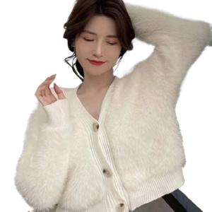 한국판 브이넥 패치니트 여 봄가을겨울 신상 뽀글이 루즈핏 숏 싱글 버튼 긴팔탑