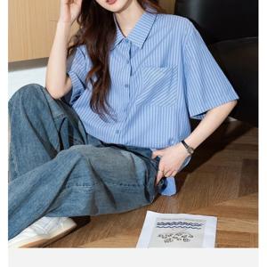 연청 스트라이프 일본계 학원풍 빈티지 반팔 셔츠 여 여름 염계 루즈핏 캐주얼 셔츠