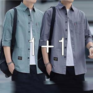 1+1 여름 남성 7부 셔츠 얇은 코트 상의 루즈핏 캐주얼 셔츠