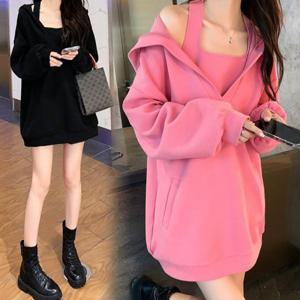 데일리 후드원피스 패션 레이어드 끈나시 롱 맨투맨 빅사이즈 박시핏 후드티 봄가을