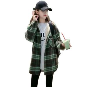 빅 사이즈 스웨이드 체크 셔츠 후드 블라우스 봄가을 롱 루즈핏 블라우스