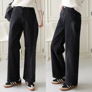 여성 사선 절개 청바지 밴딩 흑청 데님 와이드 팬츠 옆절개 빅사이즈 S M L XL 가을 블랙진