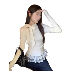리본 접합 베이스 끈 티셔츠 레이스 디자인 긴팔 터틀넥 슬림 가을 화이트 레이스 상의