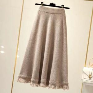 SUTA~3XL 미디스커트 여성 니트 롱 플리츠 스커트 하이웨스트 심플 단색 무지 플레어 치마 엄마 맘룩 문센