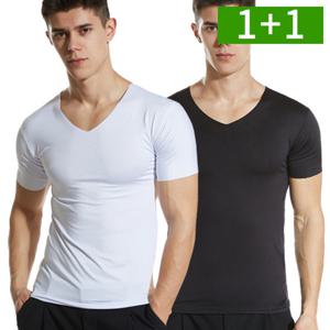 1+1 2XL~5XL 남자 냉감 반팔티셔츠 여름 빅사이즈 슬림핏 브이넥 무지 흰색 쿨링 남성 반팔티 OFDJ-STST2