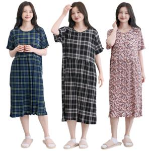 여름 플리츠 냉장고 원피스잠옷 홈웨어원피스 냉감 빅사이즈 임산부 여성실내복 체크 플라워