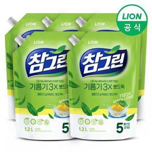 라이온코리아 참그린 녹차 기름기 뽀드득 주방세제 1.2L리필 5개