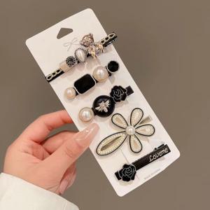 5개세트 진주 집게핀 헤어핀 블랙 옆머리 앞머리 메탈 큐빅 장미 헤어 머리핀