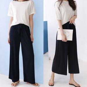 제니유 여성 국내산 여름 8부 9부 쿨스판 냉감 와이드 통 밴딩 팬츠