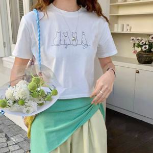 여성 고양이 프린팅 크롭 반팔티 캐주얼 면 라운드넥 여름 반팔 티셔츠 CINDY13