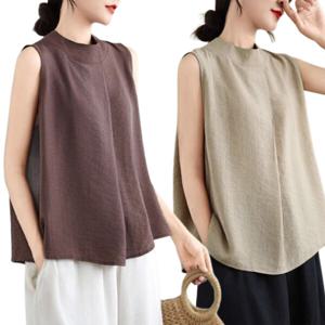 1+1여름 여자 라운드넥 민소매 티셔츠 루즈핏  린넨 티셔츠