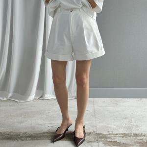 A라인 카브라 핀턱반바지 하이웨스트 여성 4부 면반바지