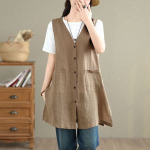 여성 루즈핏 롱 린넨 베스트 여름 데일리 브이넥 조끼 아우터 버튼 민소매 자켓
