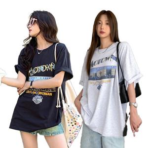 여성 오버핏 반팔티 빈티지 프린팅 빅사이즈 박시 레터링 여름 반소매 티셔츠