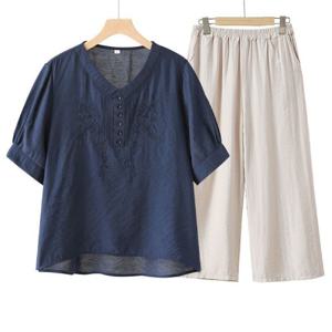 텐셀 마 세트 자수 반팔 티셔츠 + 밴딩 와이드 통바지 시원한 배기 중년여성 4050대 여름 상하의세트