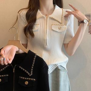 냉장고 니트 폴로넥 반팔티셔츠 여름 날씬해 보이는 향기 집업 프렌치 톱