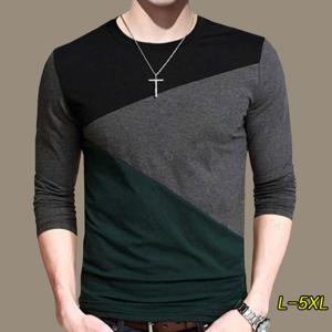 빅사이즈L-5XL 남성 라운드넥 배색 슬림핏 순면 긴팔티셔츠 데일리 봄가을 레이어드 이너티셔츠