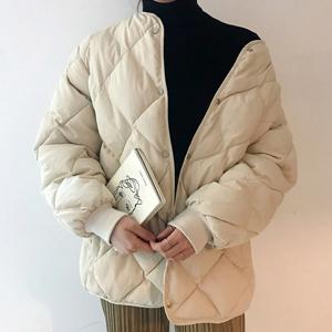 SUTA 패딩 코트 루즈핏 패딩 누빔 웰론 아가일 퀼팅 노카라 깔깔이 점퍼