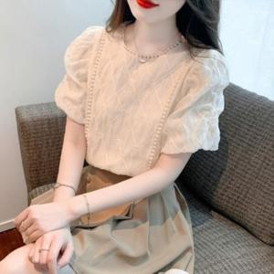 여자 디자인 베이직 플라워 자수 반팔 블라우스 셔츠