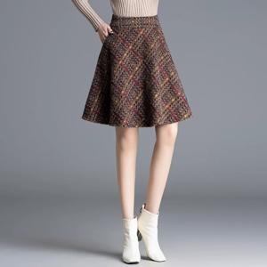 여자 가을 겨울 체크 모직 스커트 A라인 하이웨스트 미디 스커트