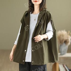 여성용 예술적 후드 느슨한 민소매  린넨 조끼  블라우스 코튼 봄 여름 가을 간절기 코디