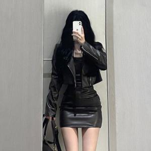 여자 봄 가을 클래식 가죽 숏 자켓 끈나시 원피스 슬림한 랩 스커트 투피스 세트