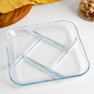 5칸 사각 사선형 강화 유리 나눔 접시 중형/플레이팅/집들이/식판/반찬/글라스/투명/예쁜그릇/식기/안주
